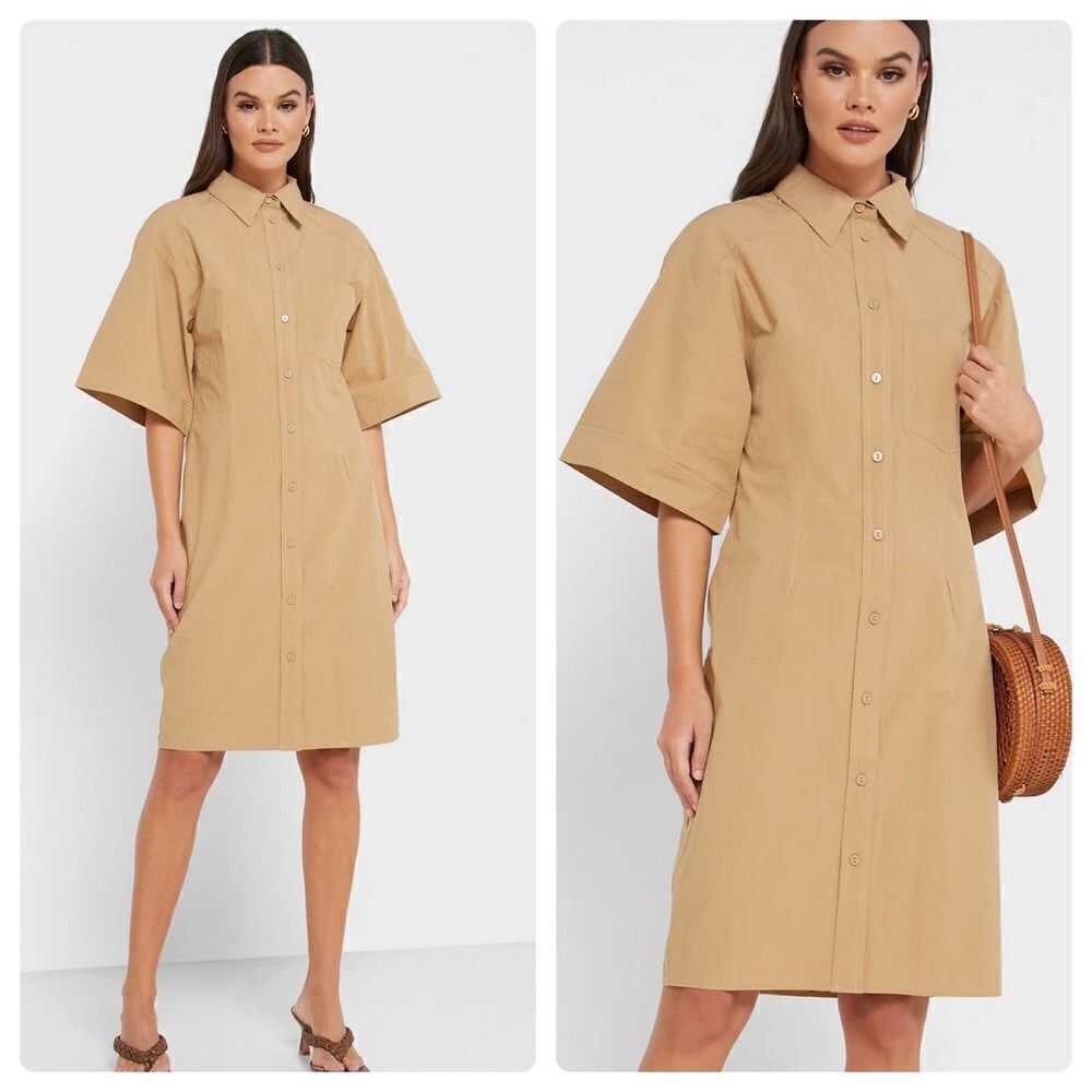 Mango Collared Neck Shirt Mini Dress Beige Cotton New